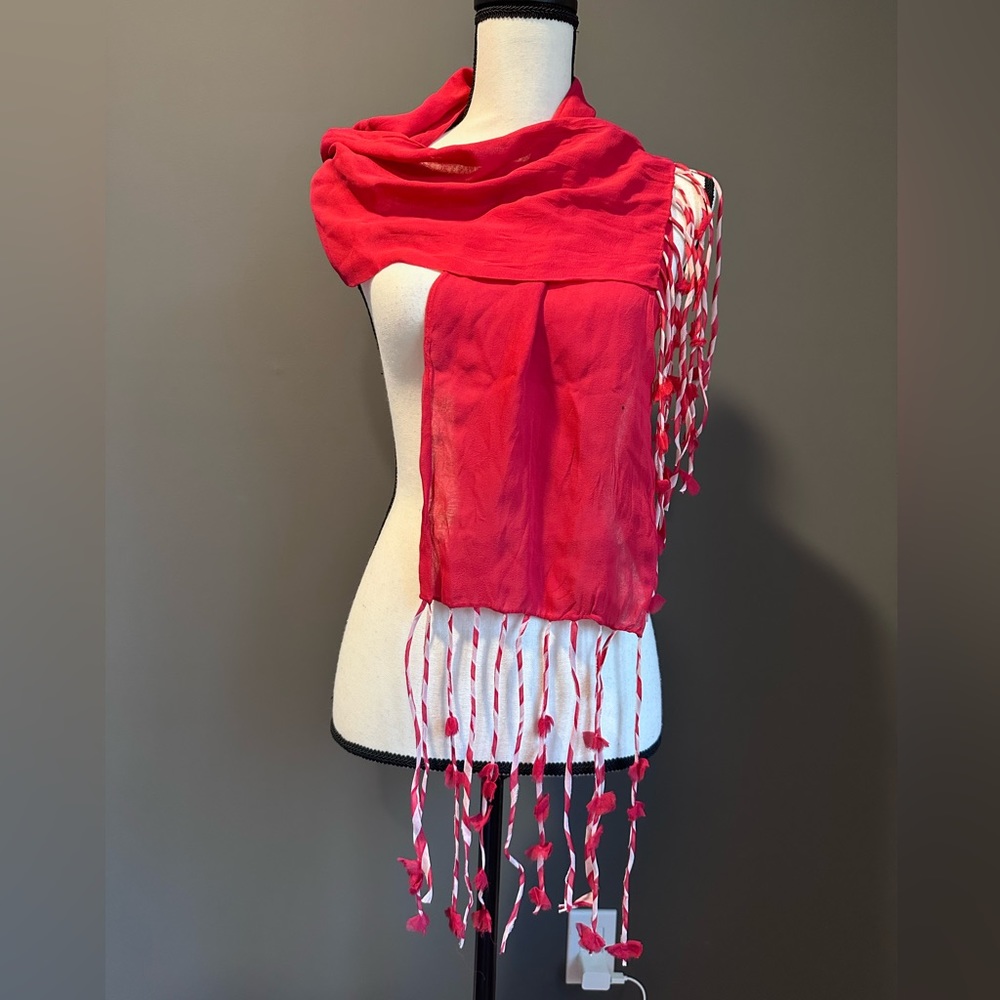 Moschino Red Silk Scarf with Floral Fringe